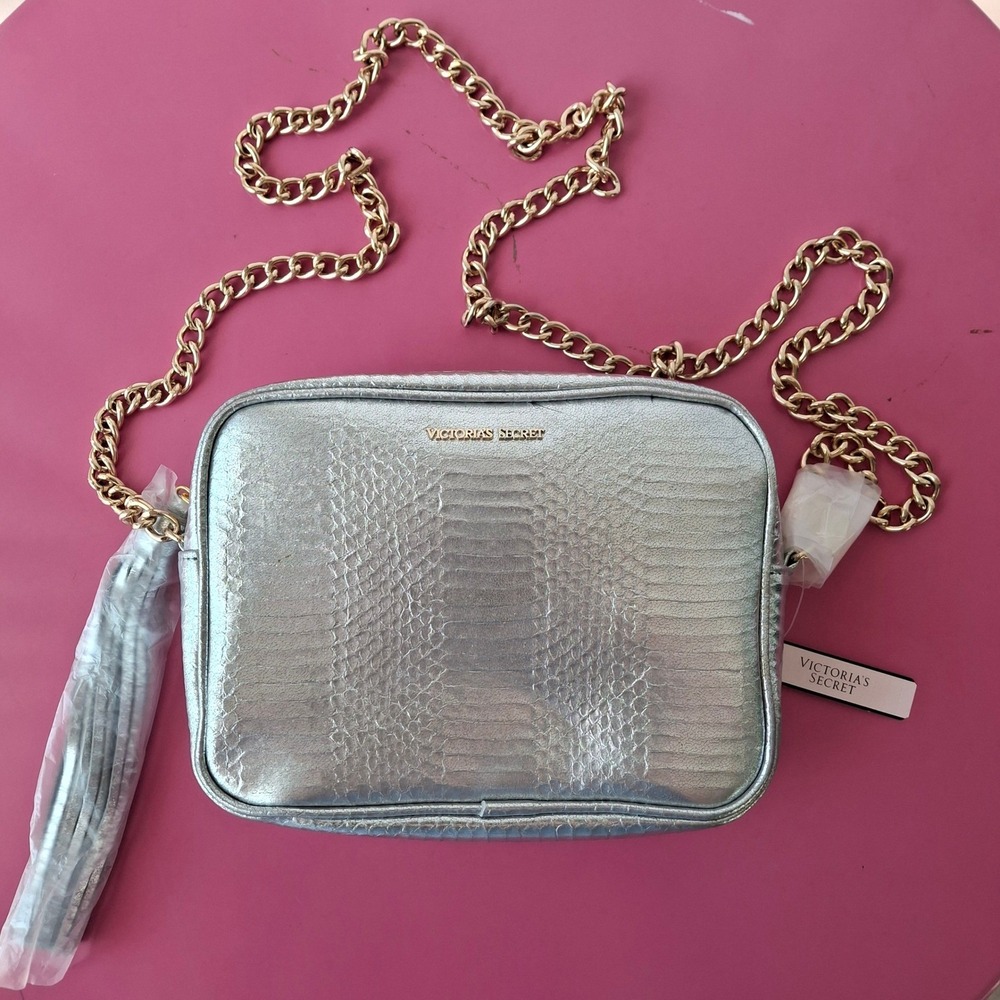 Victoria's Secret Silver Snakeskin Metallic Crossbody Bag Purse Gold Chain NWT
